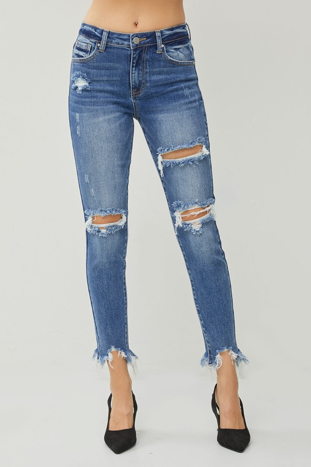 RISEN Distressed Frayed Hem Slim Jeans - TRENDMELO