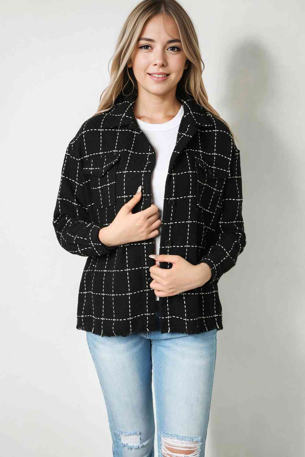 Plaid Raw Hem Jacket with Pockets - TRENDMELO