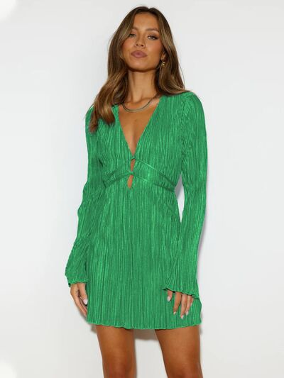 Tied Plunge Flare Sleeve Mini Dress - TRENDMELO