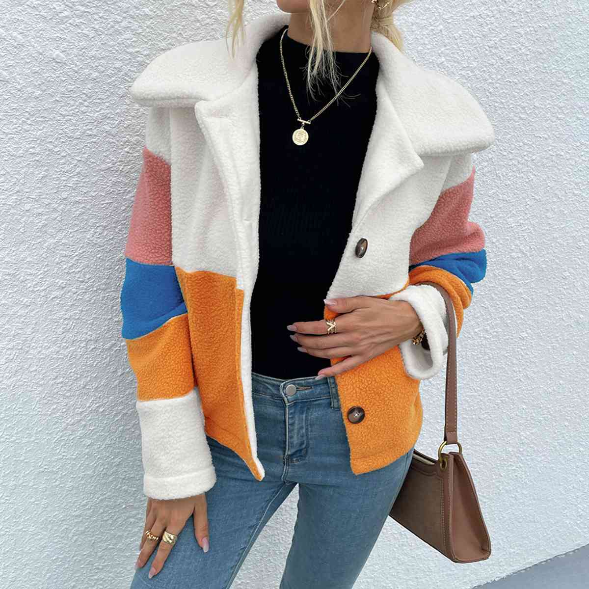 Color Block Button Down Collared Jacket - TRENDMELO