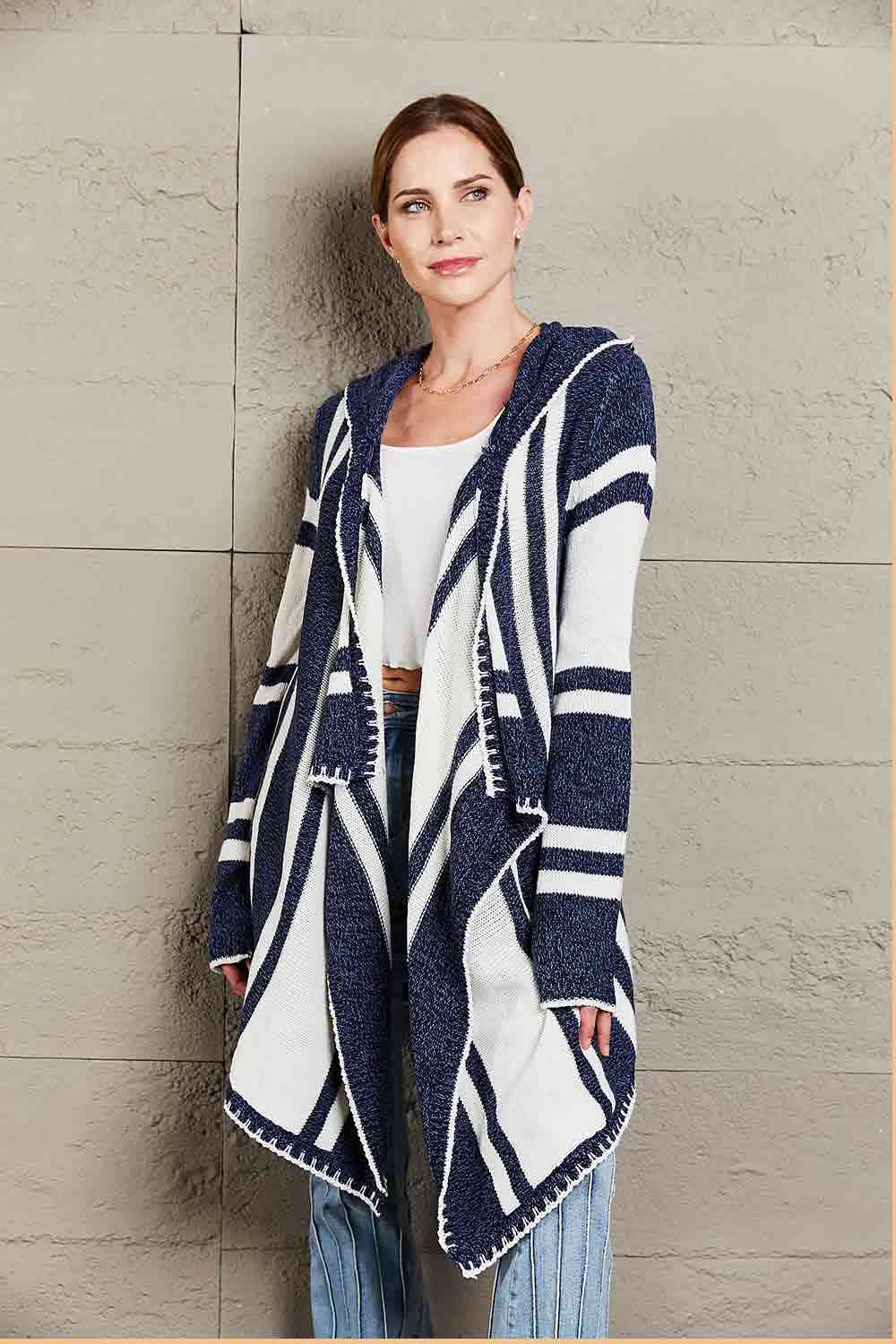 Woven Right Striped Open Front Hooded Cardigan - TRENDMELO