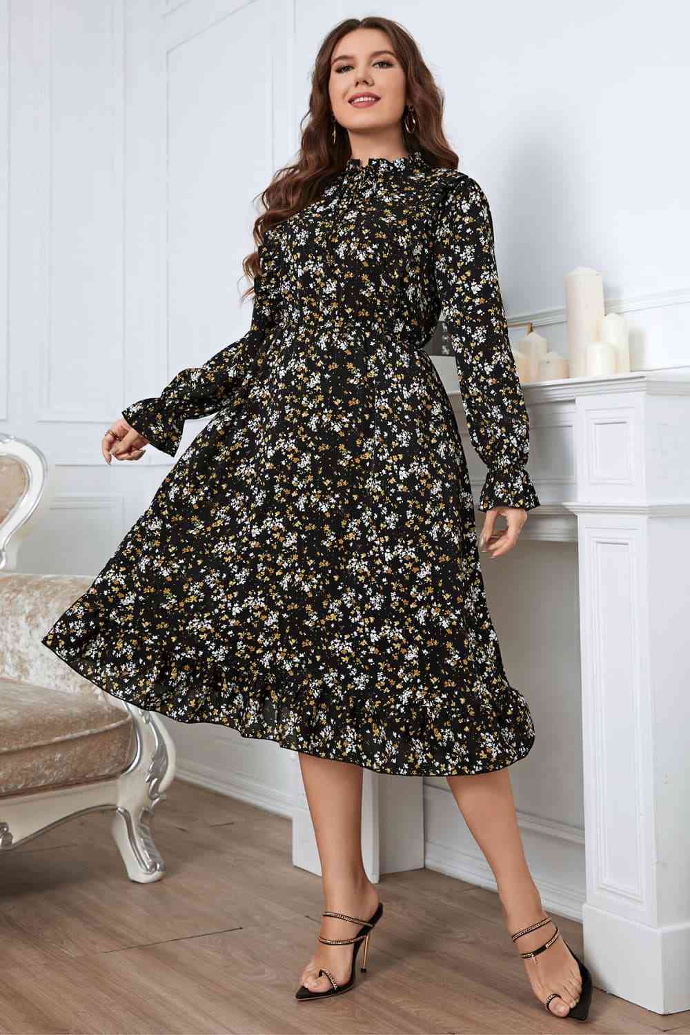 Melo Apparel Plus Size Floral Flounce Sleeve Midi Dress - TRENDMELO