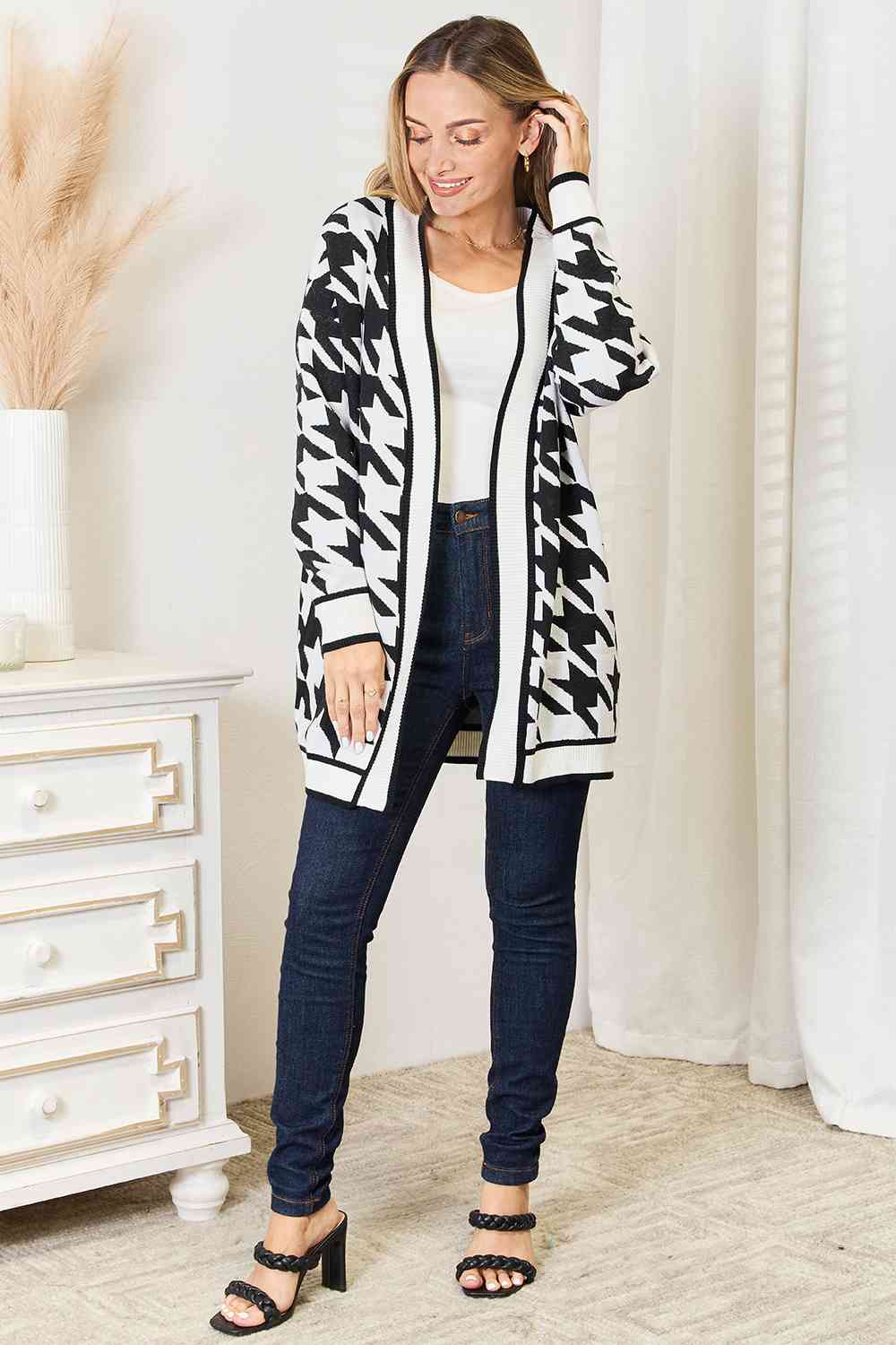 Woven Right Houndstooth Open Front Longline Cardigan - TRENDMELO