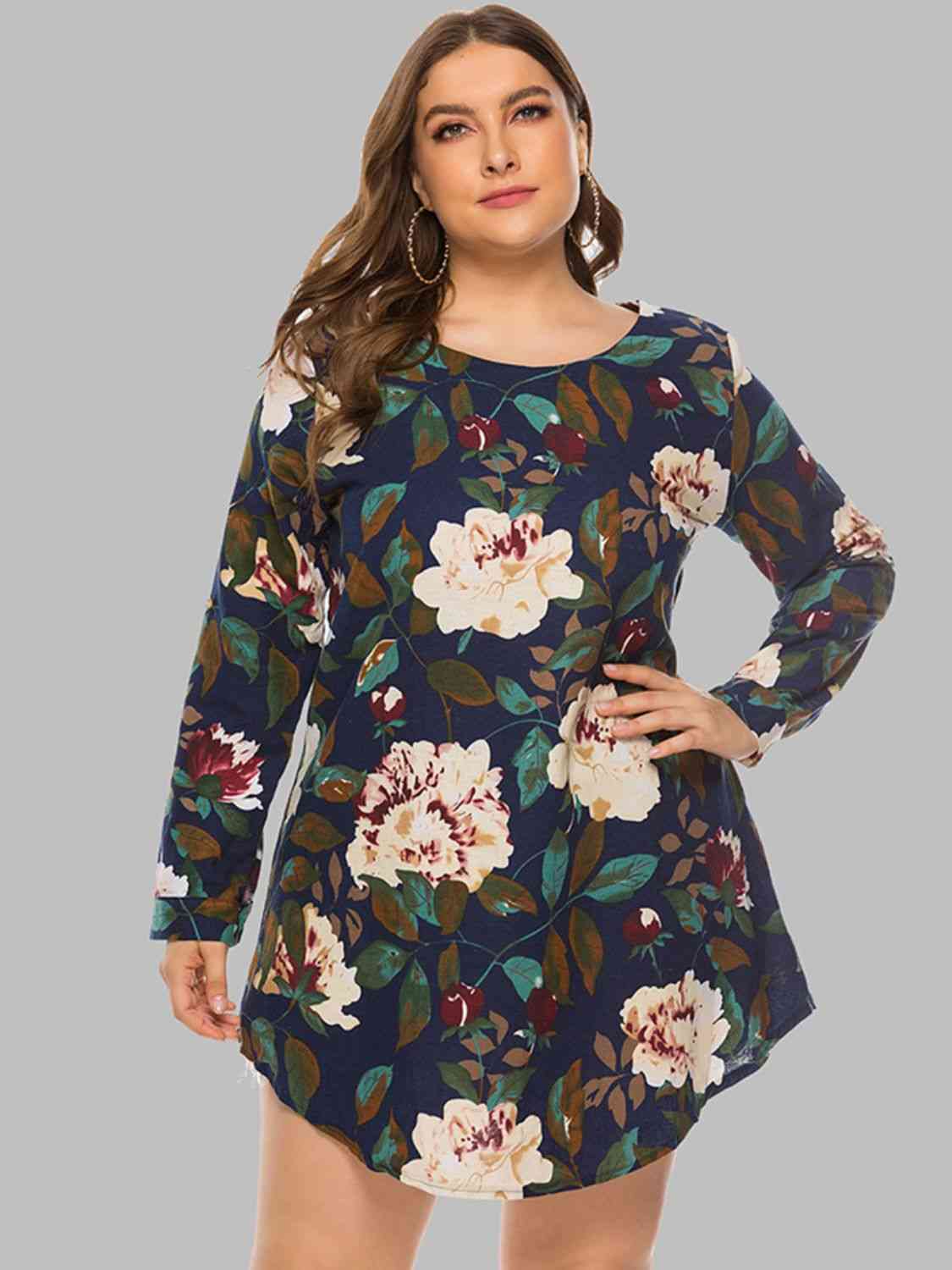 Full Size Floral Long Sleeve Mini Dress - TRENDMELO