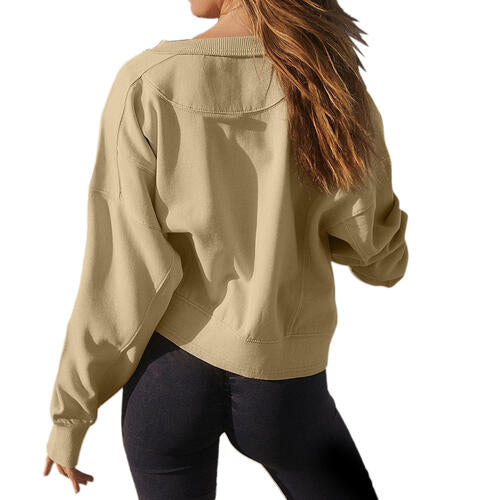 Round Neck Drop Shoulder Long Sleeve Sweatshirt - TRENDMELO