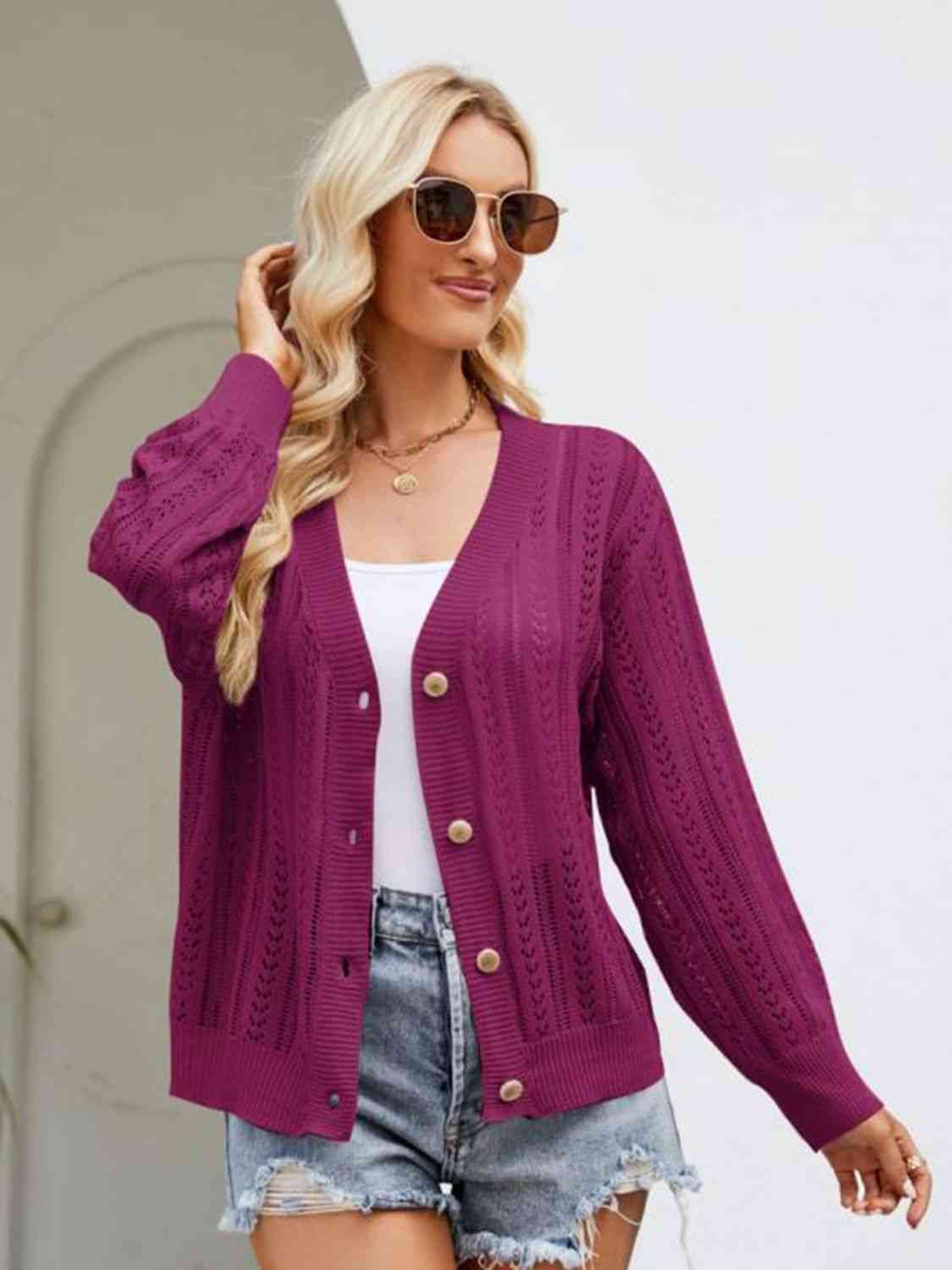 Button Down Ribbed Trim Cardigan - TRENDMELO