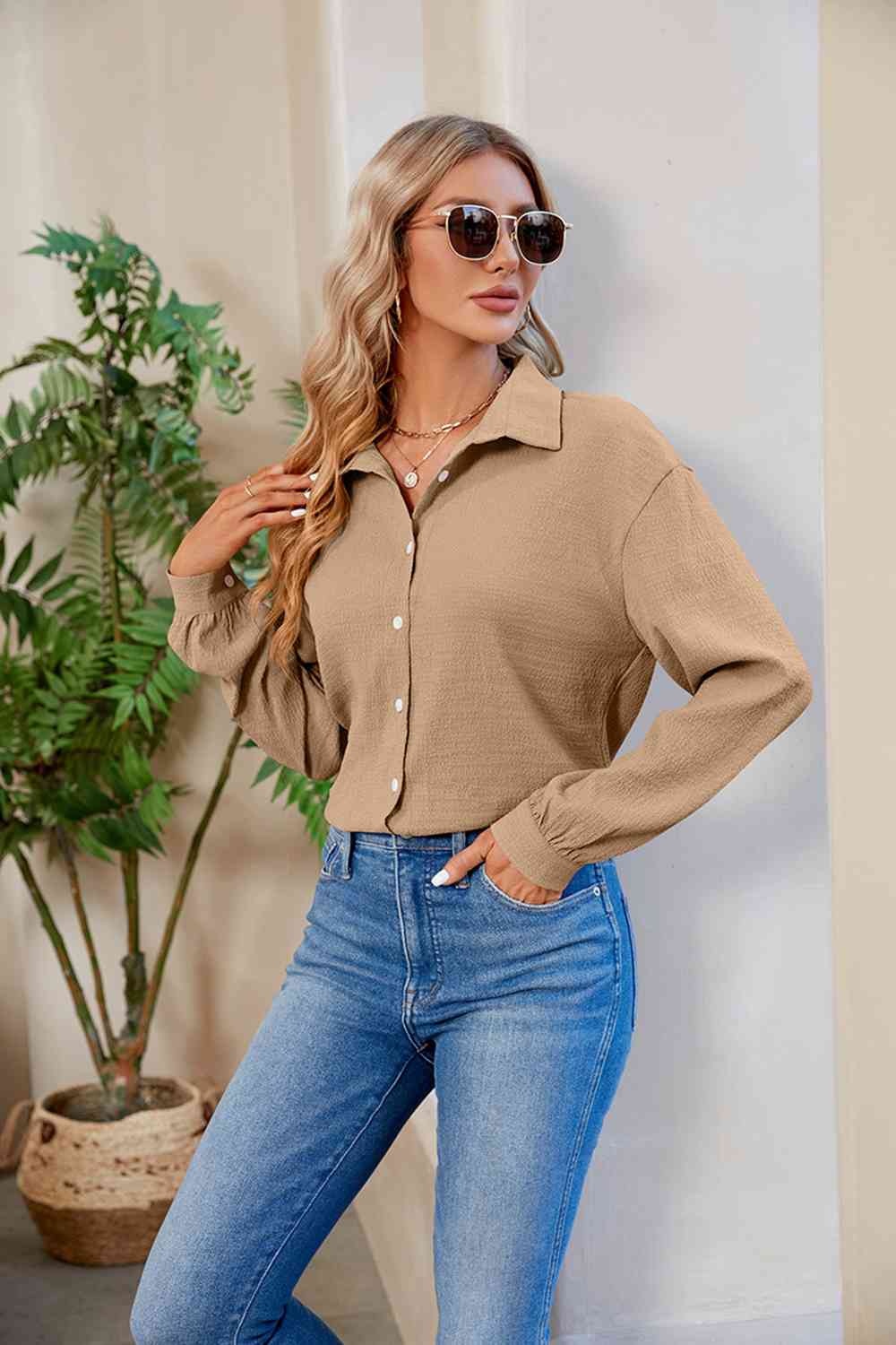 Collared Neck Buttoned Long Sleeve Shirt - TRENDMELO