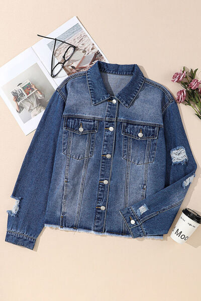 Plus Size Distressed Button Up Raw Hem Denim Jacket - TRENDMELO