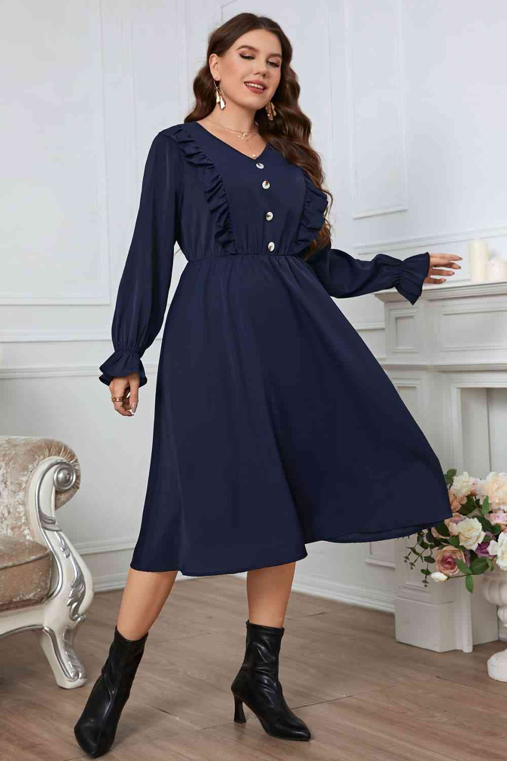 Melo Apparel Plus Size V-Neck Buttoned Flounce Sleeve Dress - TRENDMELO