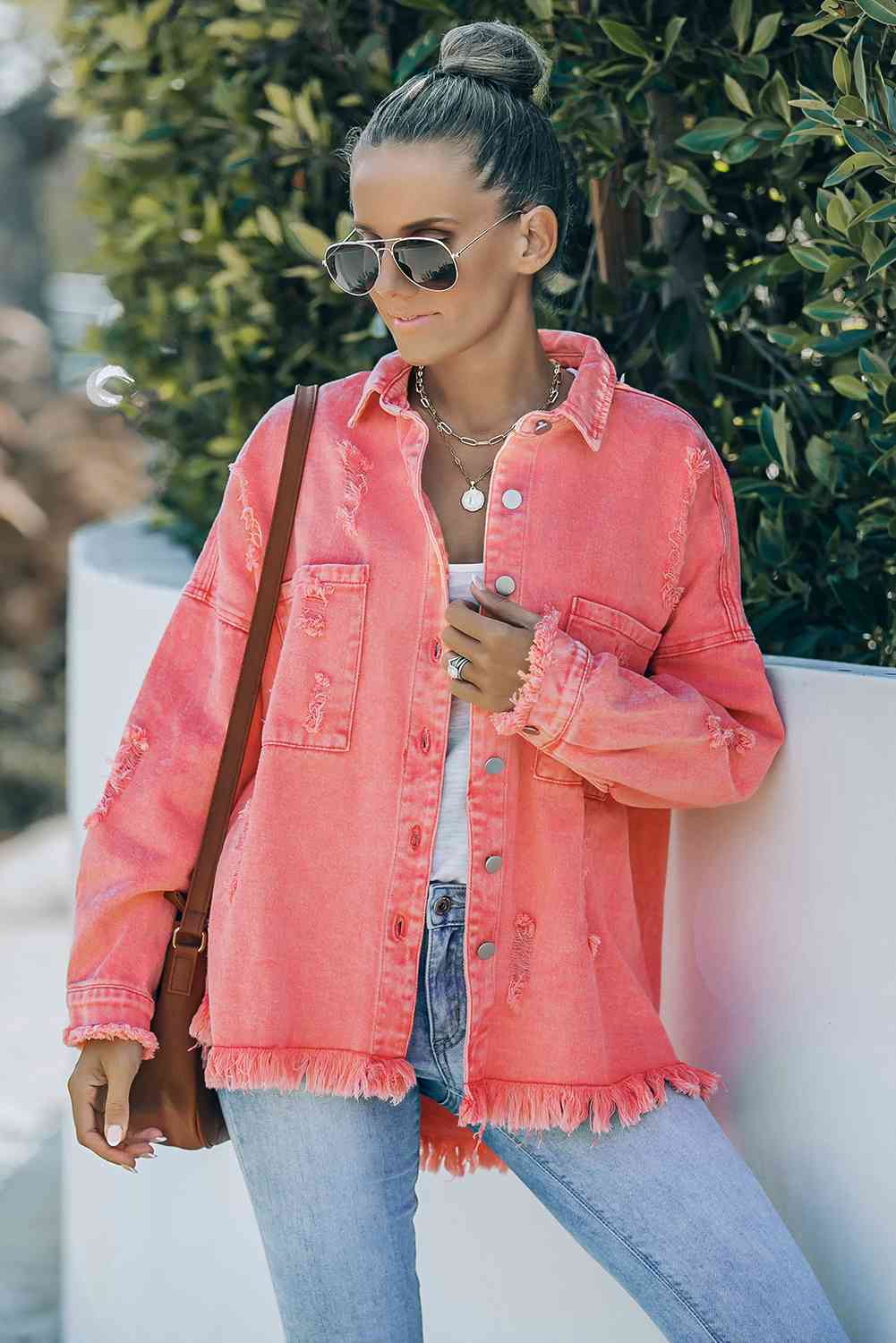 Double Take Distressed Fringe Trim Button Up Jacket - TRENDMELO