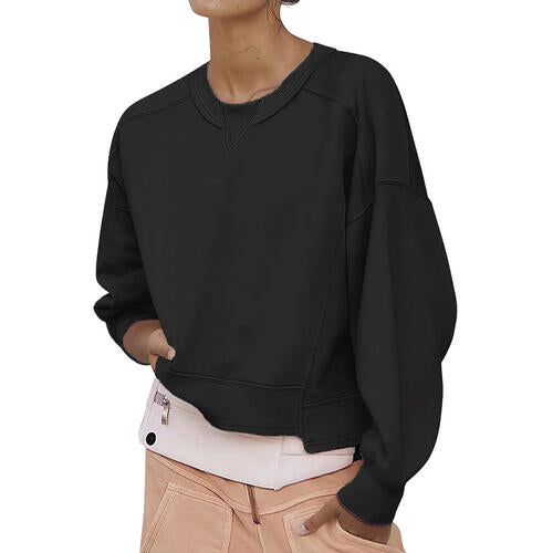 Round Neck Drop Shoulder Long Sleeve Sweatshirt - TRENDMELO