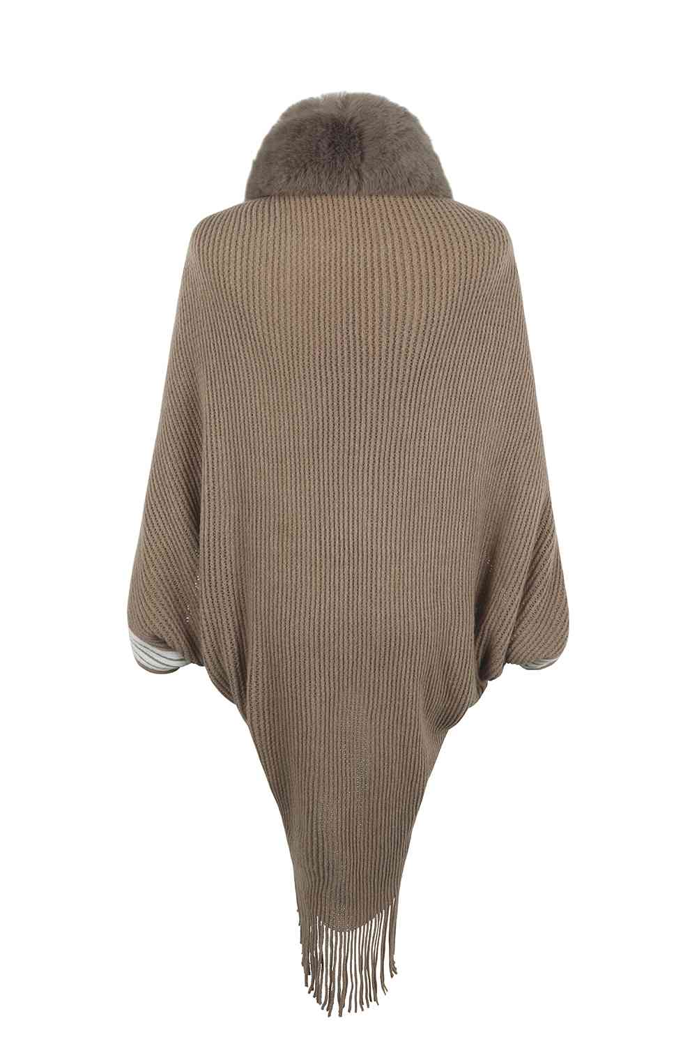 Striped Fringe Detail Long Sleeve Poncho - TRENDMELO