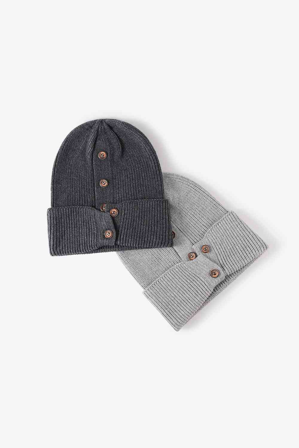 Button Detail Rib-Knit Cuff Beanie - TRENDMELO