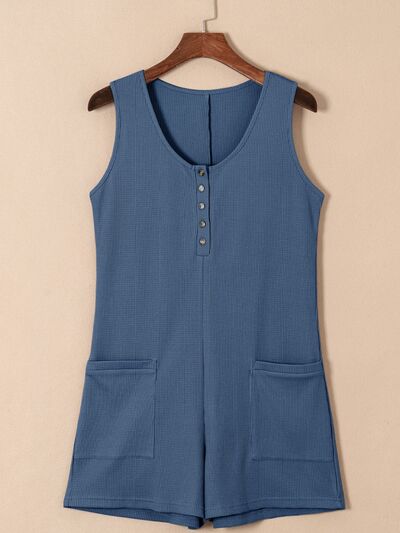 Waffle-Knit Half Button Sleeveless Romper with Pockets - TRENDMELO