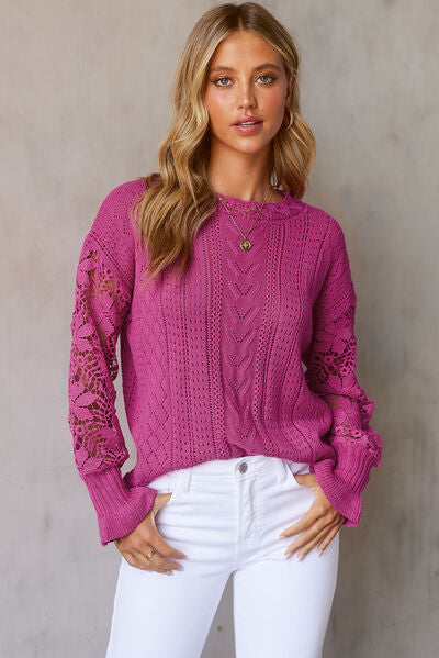 Openwork Lantern Sleeve Dropped Shoulder Sweater - TRENDMELO