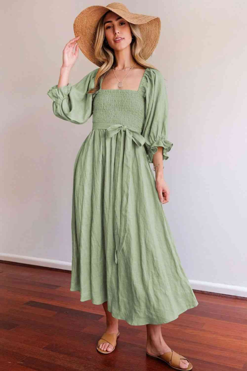 Smocked Square Neck Flounce Sleeve Dress - TRENDMELO