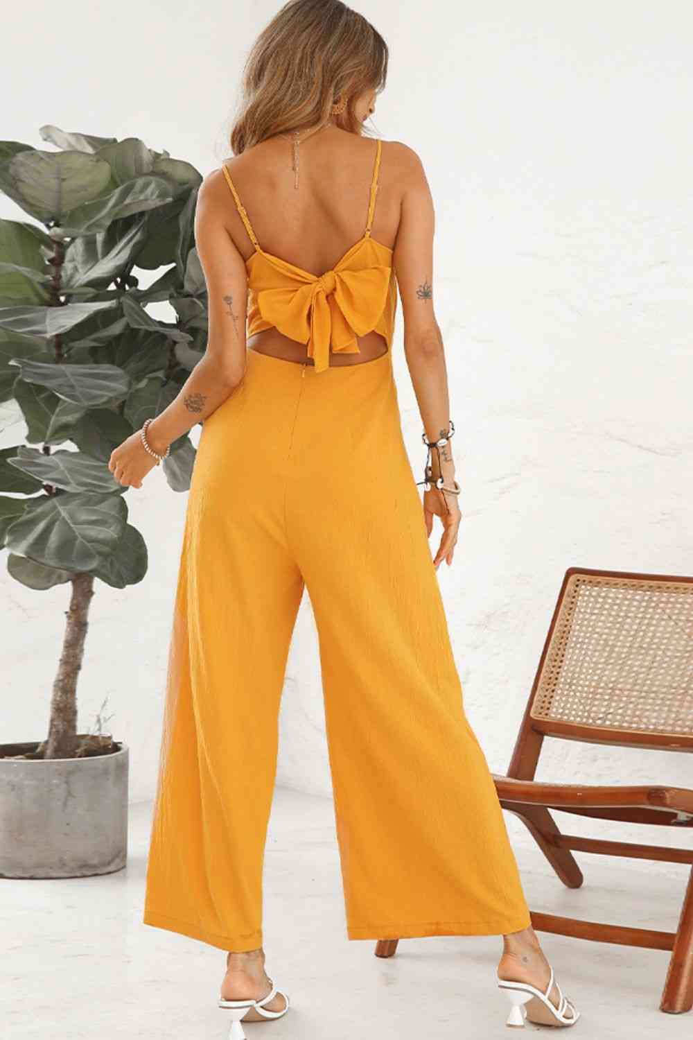 Cutout Spaghetti Strap Tie Back Wide Leg Jumpsuit - TRENDMELO