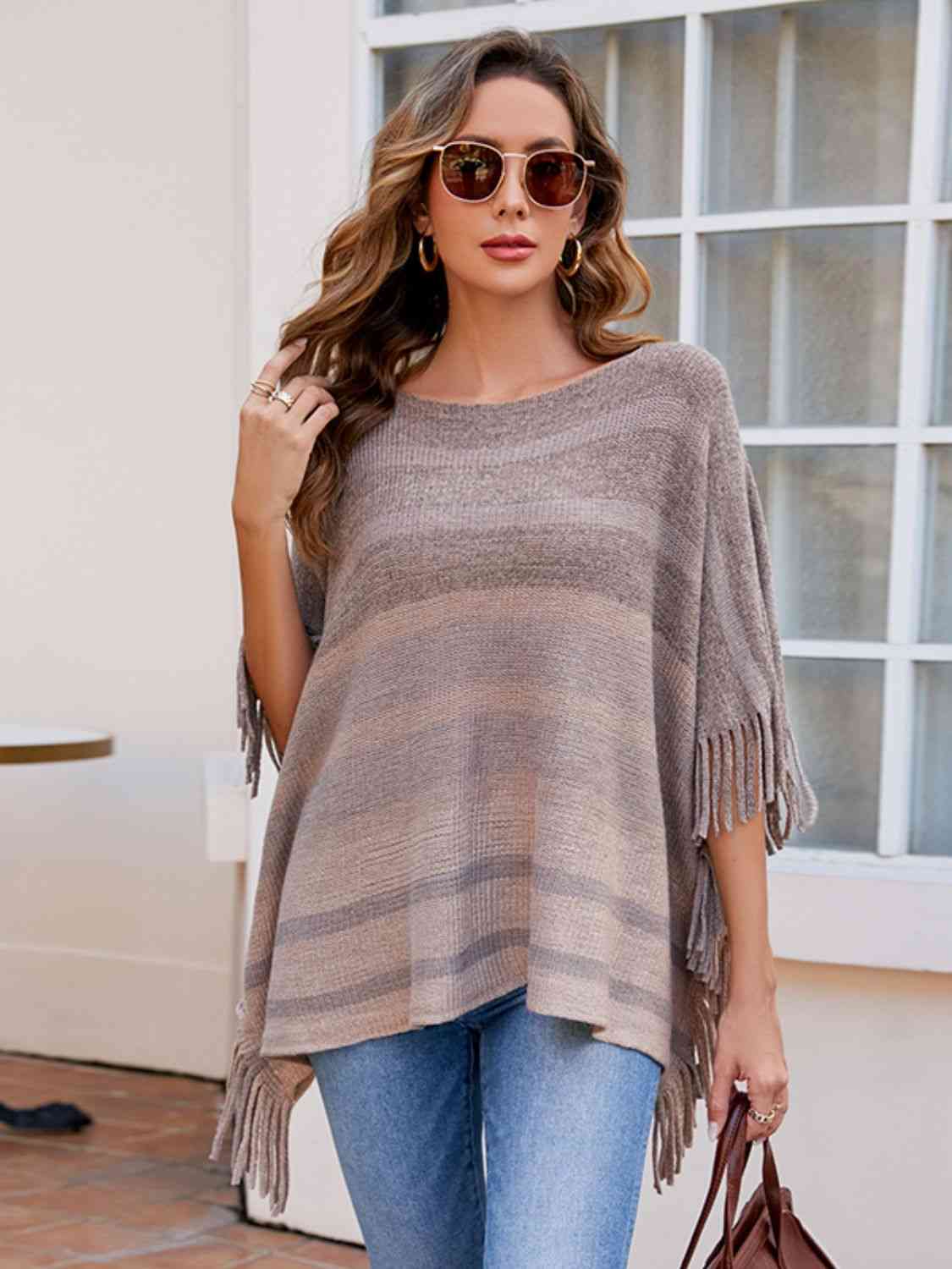 Striped Boat Neck Poncho with Fringes - TRENDMELO