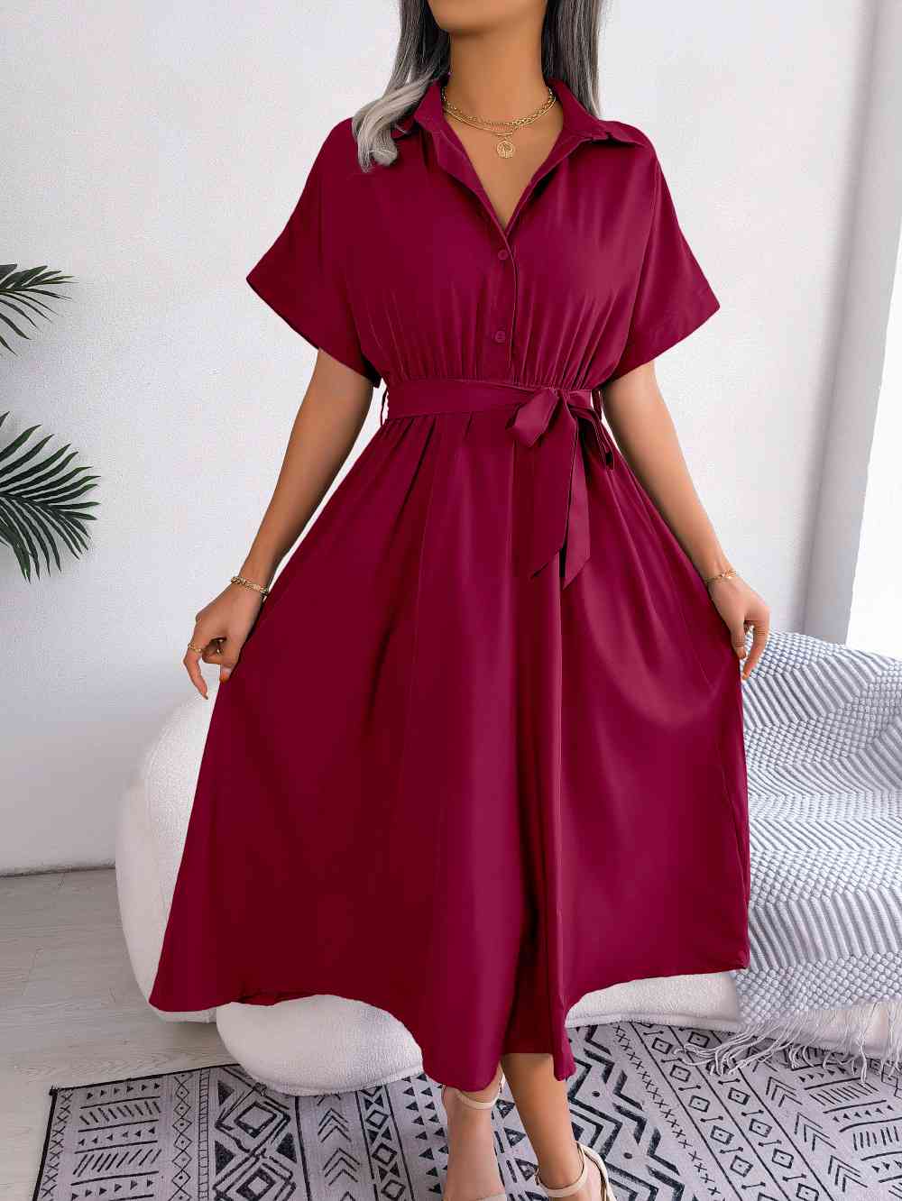 Short Sleeve Collared Tie Belt Dress - TRENDMELO