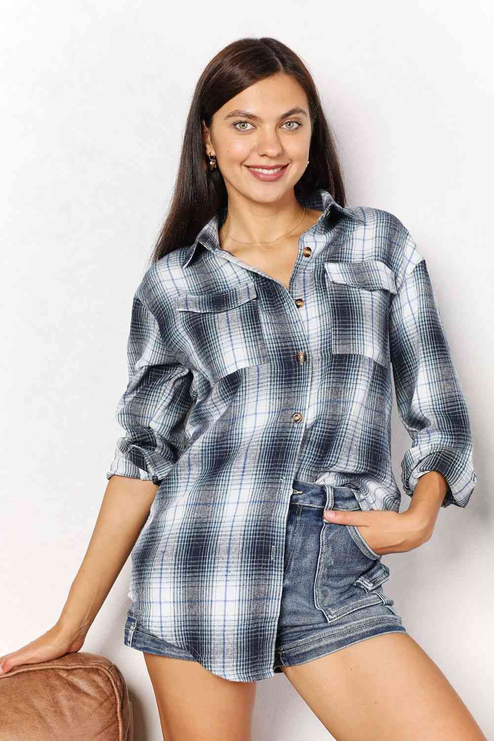 Double Take Plaid Dropped Shoulder Shirt - TRENDMELO