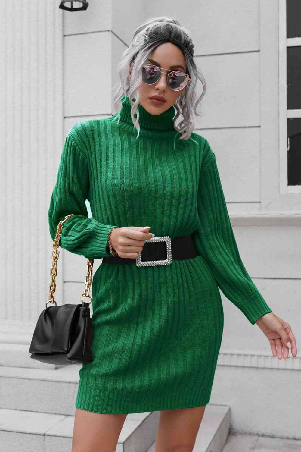 Ribbed Turtle Neck Long Sleeve Mini Sweater Dress - TRENDMELO