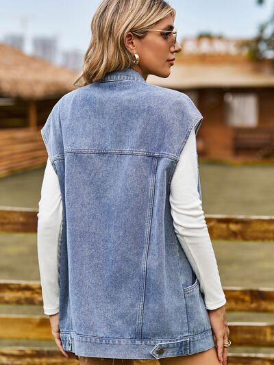 Button Up Collared Neck Sleeveless Denim Jacket - TRENDMELO