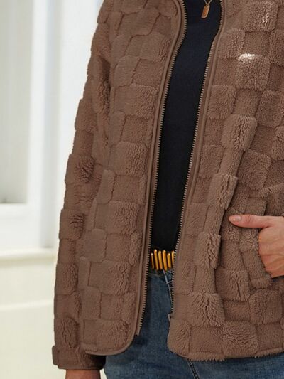 Fuzzy Checkered Zip Up Jacket - TRENDMELO