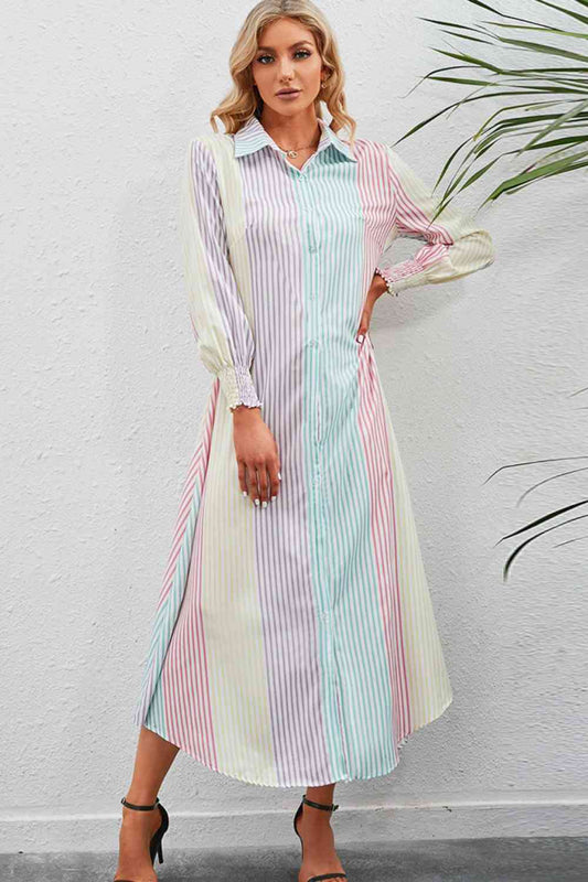 Rainbow Stripe Button-Up Maxi Shirt Dress - TRENDMELO