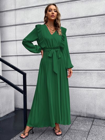 Pleated Surplice Tie Waist Maxi Dress - TRENDMELO