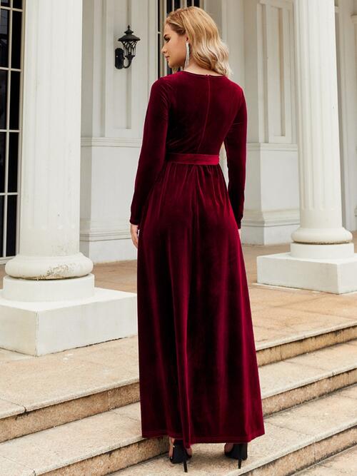 Tie Front Round Neck Long Sleeve Maxi Dress - TRENDMELO