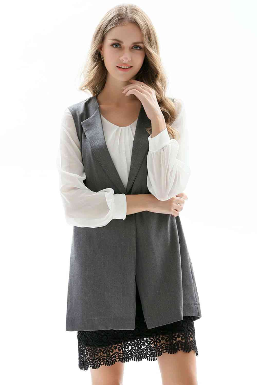 One-Button Sleeveless Longline Blazer - TRENDMELO