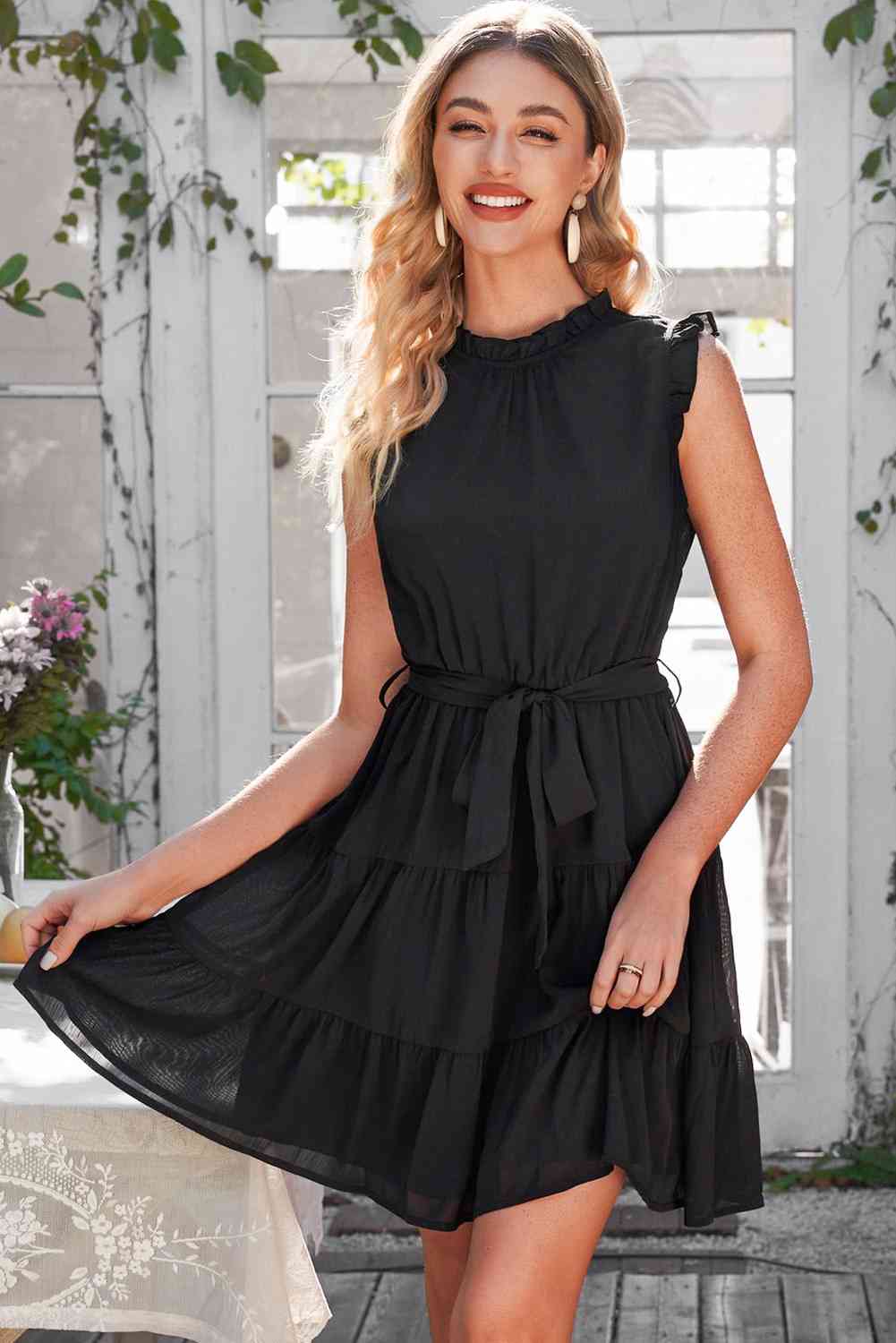 Ruffle Collar Tie Belt Tiered Dress - TRENDMELO