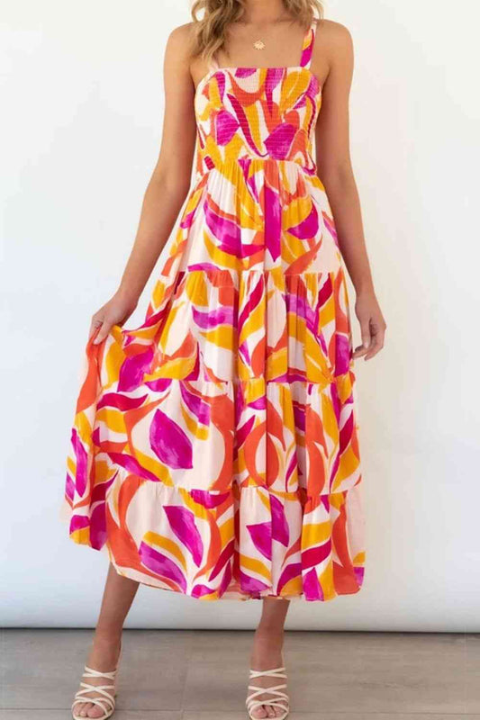 Printed Smocked Square Neck Tiered Sleeveless Dress - TRENDMELO