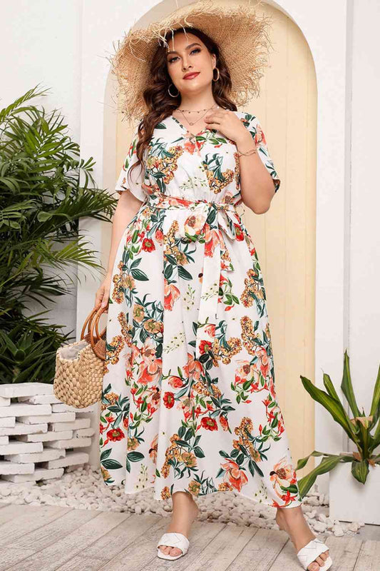 Plus Size Printed Surplice Short Sleeve Maxi Dress - TRENDMELO