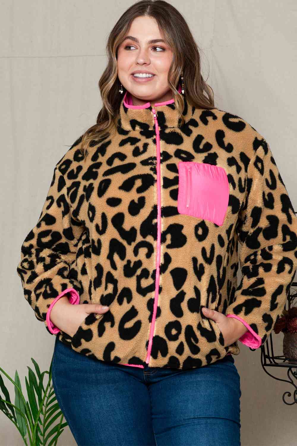 Plus Size Leopard Zip Up Jacket with Pockets - TRENDMELO