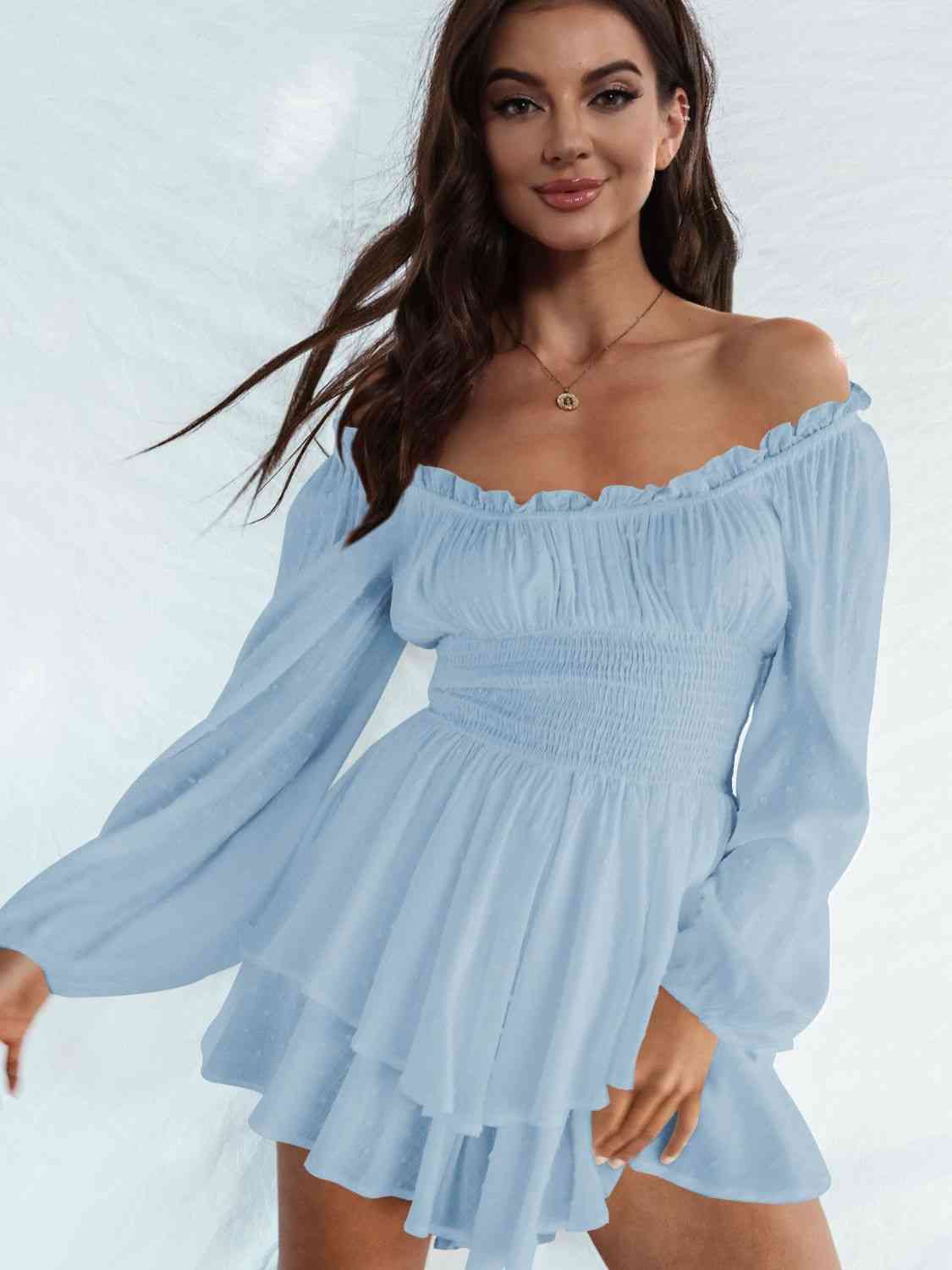 Off Shoulder Smocked Waist Romper - TRENDMELO