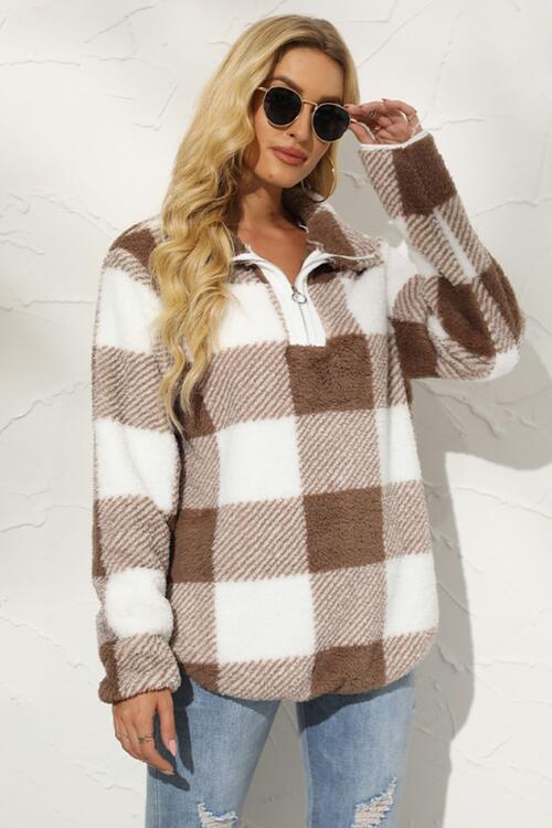 Plaid Half Zip Long Sleeve Sweatshirt - TRENDMELO