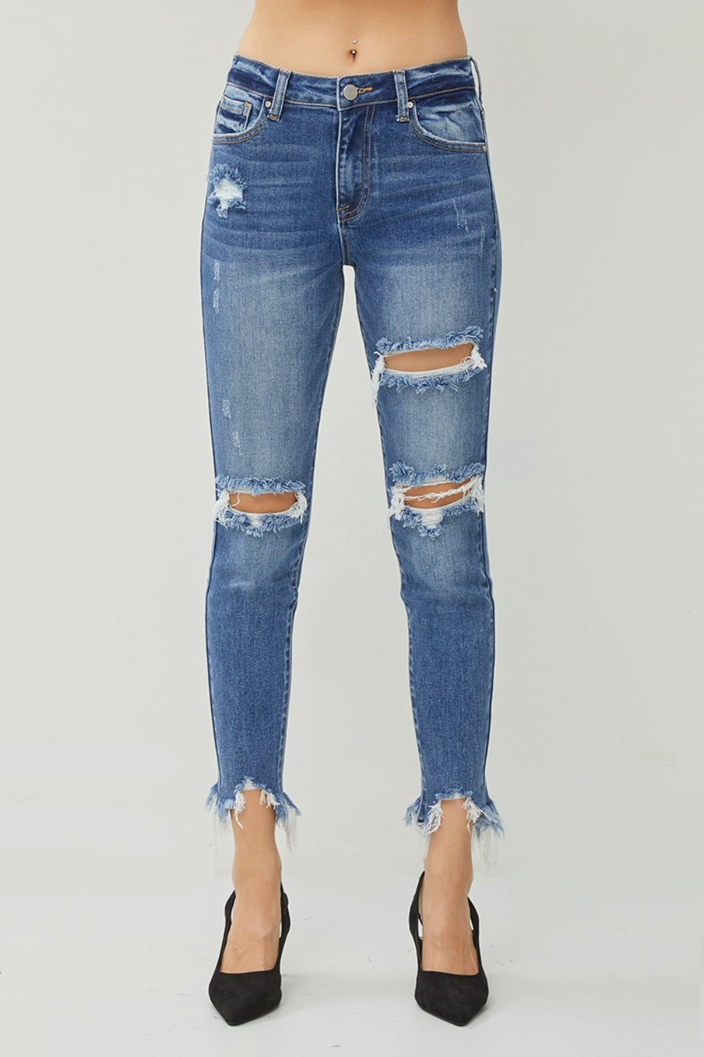 RISEN Distressed Frayed Hem Slim Jeans - TRENDMELO