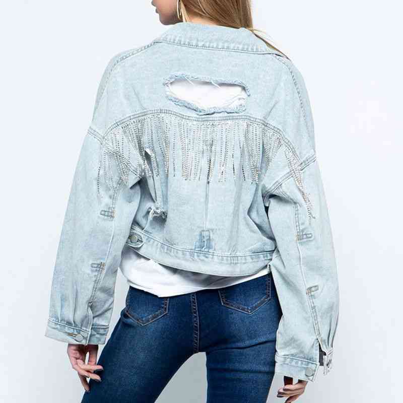 Cropped Collared Neck Dropped Shoulder Denim Jacket - TRENDMELO