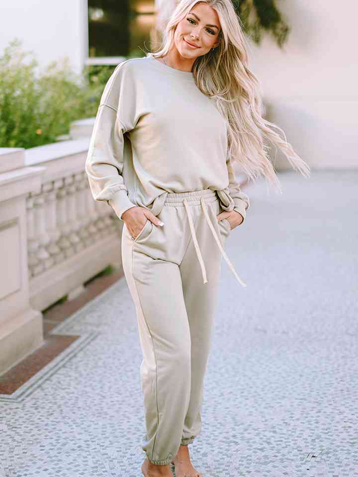 Round Neck Dropped Shoulder Top and Pants Lounge Set - TRENDMELO