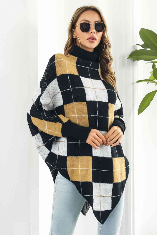 Plaid Turtleneck Dolman Sleeve Poncho - TRENDMELO