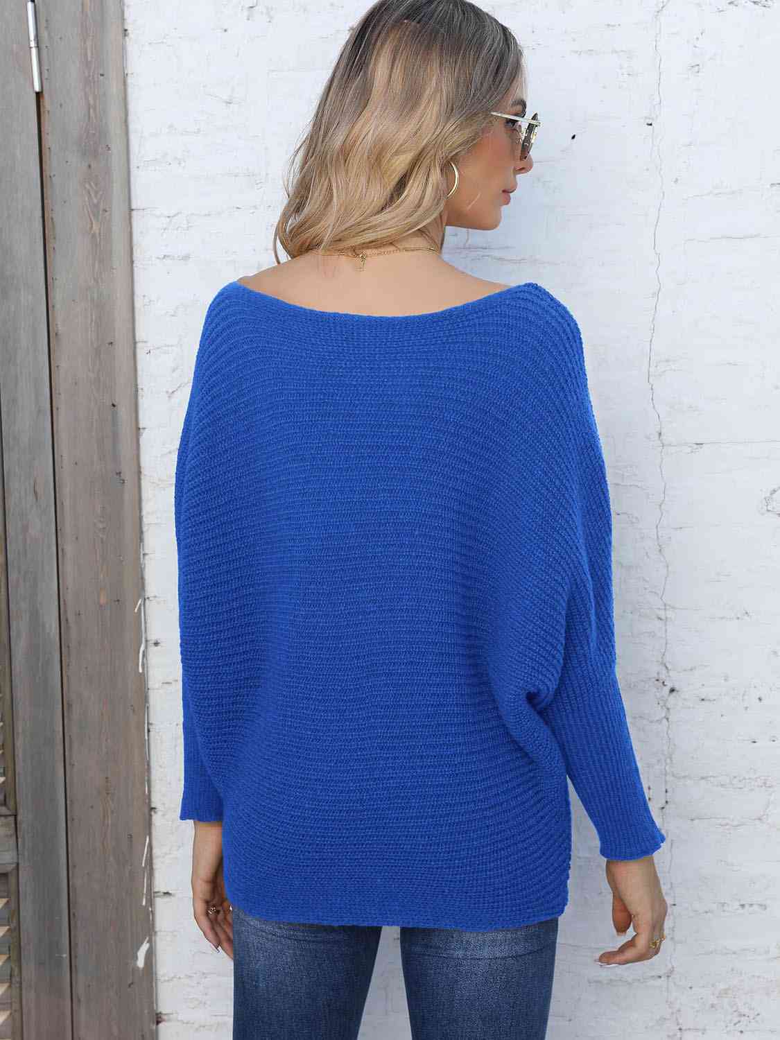 Full Size Horizontal Ribbing Dolman Sleeve Sweater - TRENDMELO