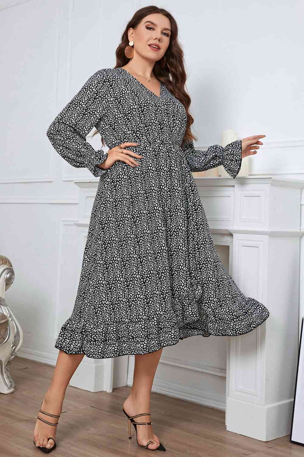 Melo Apparel Plus Size Printed V-Neck Flounce Sleeve Midi Dress - TRENDMELO