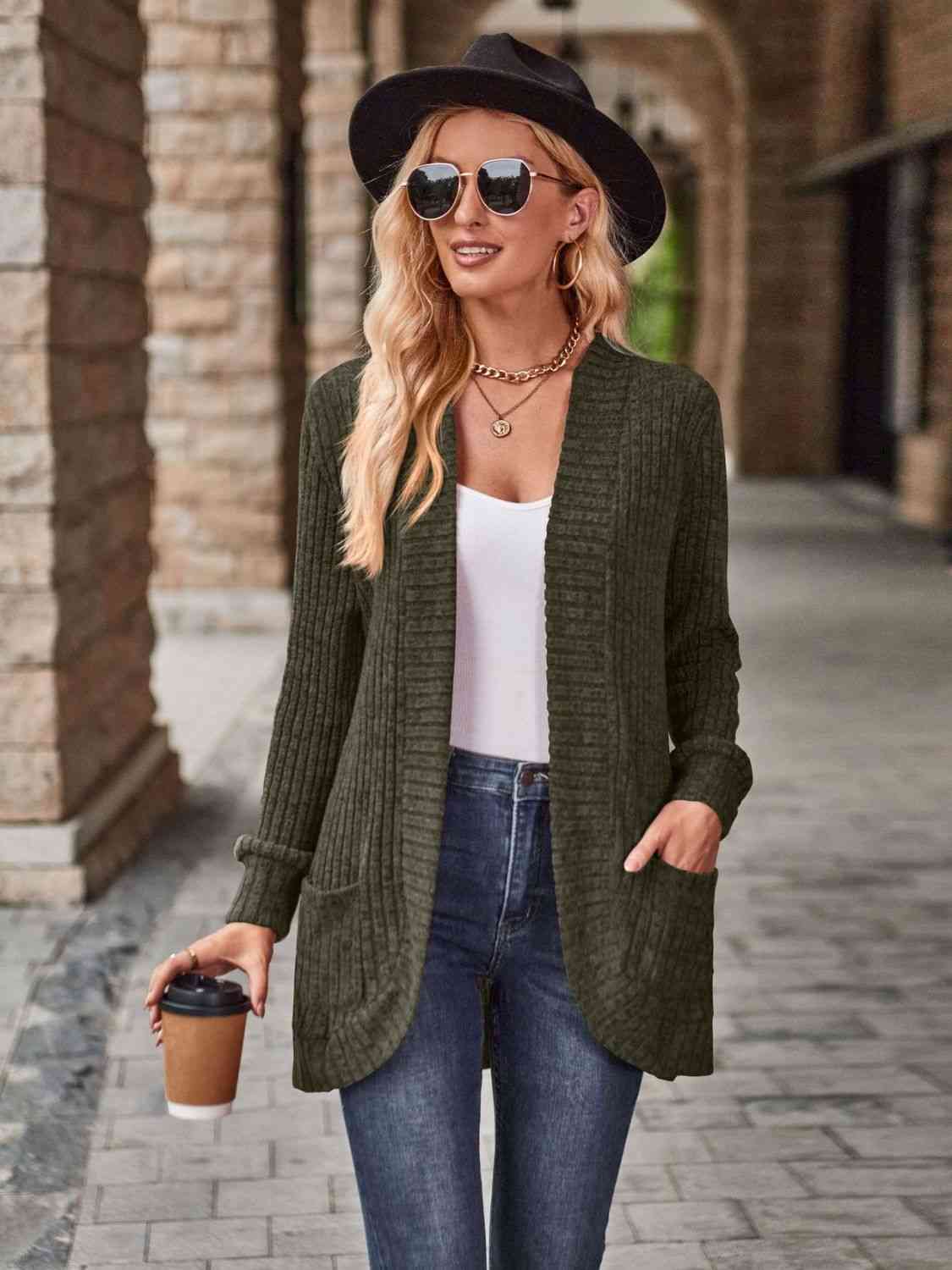 Open Front Cardigan with Pockets - TRENDMELO