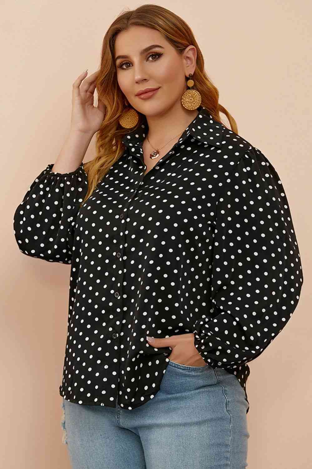 Plus Size Polka Dot Balloon Sleeve Shirt - TRENDMELO