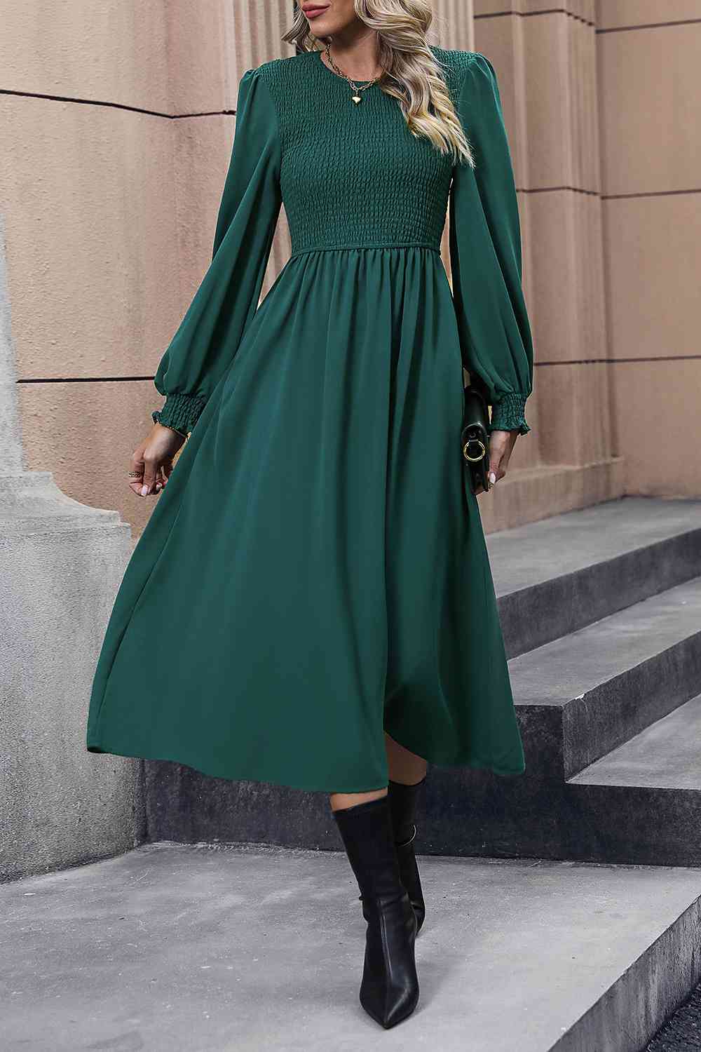 Smocked Long Sleeve Midi Dress - TRENDMELO