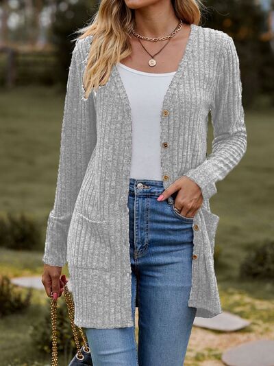 Ribbed Button Up Long Sleeve Cardigan - TRENDMELO