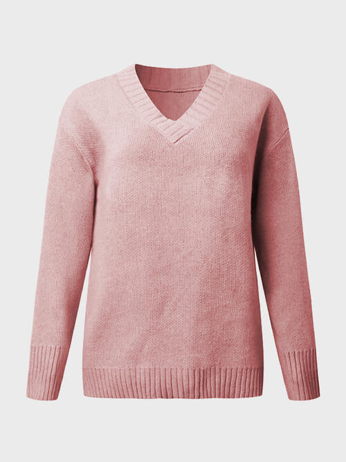 V-Neck Long Sleeve Knit Top - TRENDMELO