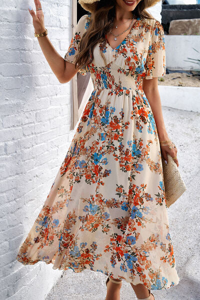 Smocked Floral V-Neck Short Sleeve Dress - TRENDMELO