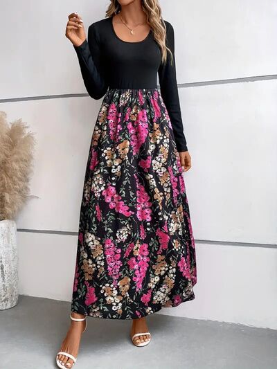 Floral Round Neck Long Sleeve Maxi Dress - TRENDMELO